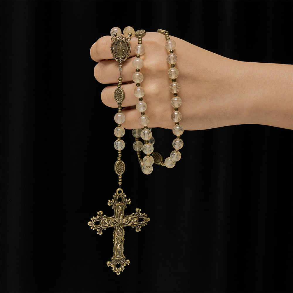 Christianartworkshop Chapelet vintage en perles de verre ambré : médaille miraculeuse et croix ornée - image 1