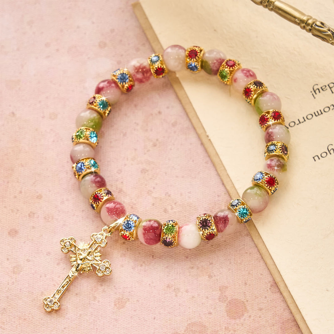 Christianartworkshop Bracelet dévotionnel en tourmaline scintillante avec crucifix doré orné - image 1