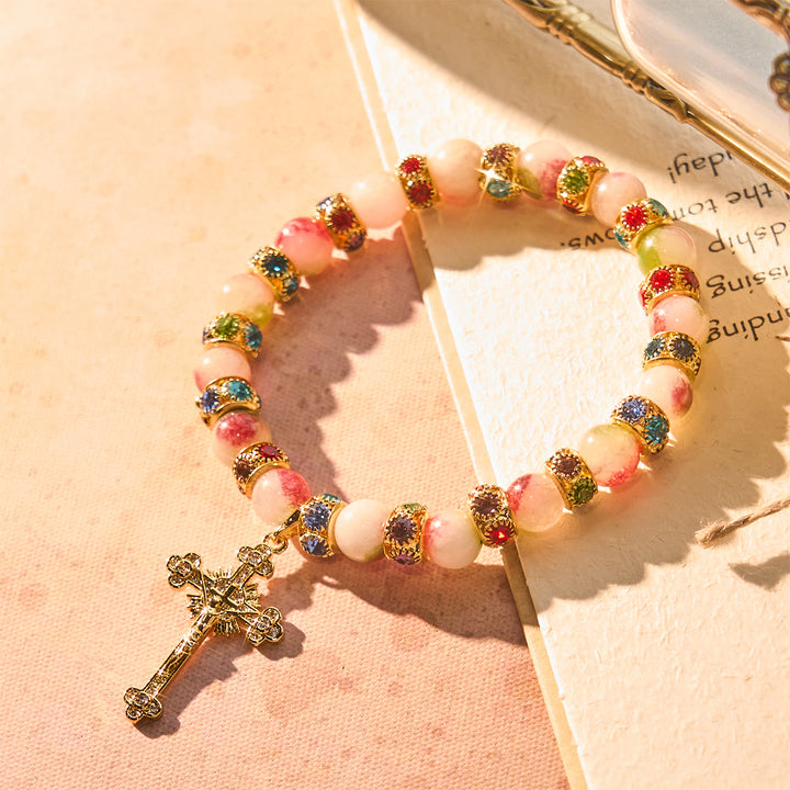 Christianartworkshop Bracelet dévotionnel en tourmaline scintillante avec crucifix doré orné - Tour de poignet : 17-21 cm - image 0