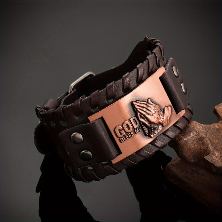 Bracelet en cuir Mains en prière de Christianartworkshop : un symbole audacieux de bénédiction - Bronze - image 0