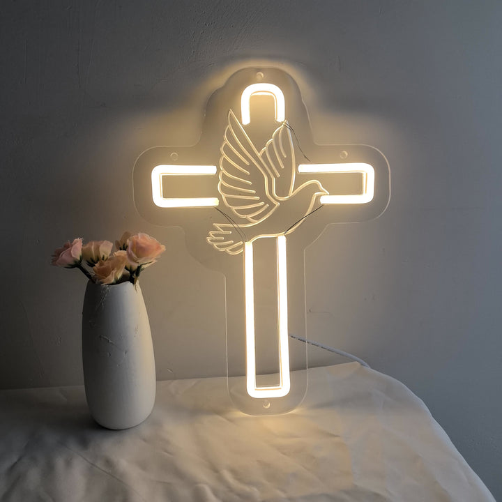 Christianartworkshop Croix lumineuse avec colombe décorative en néon : symbole de grâce divine pour la décoration intérieure - Croix lumineuse - image 0