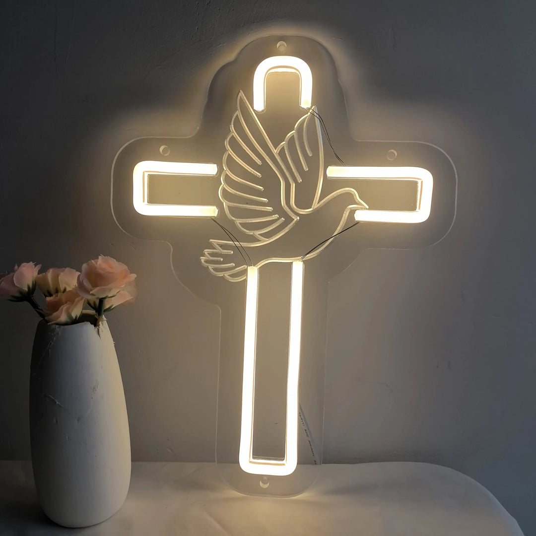 Christianartworkshop Croix lumineuse avec colombe décorative en néon : symbole de grâce divine pour la décoration intérieure - image 1