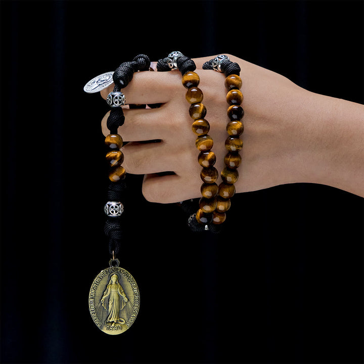 Christianartworkshop Chapelet en paracorde centré sur Notre-Dame : Perles œil de tigre et médaille intemporelle - Pierre œil de tigre - image 0