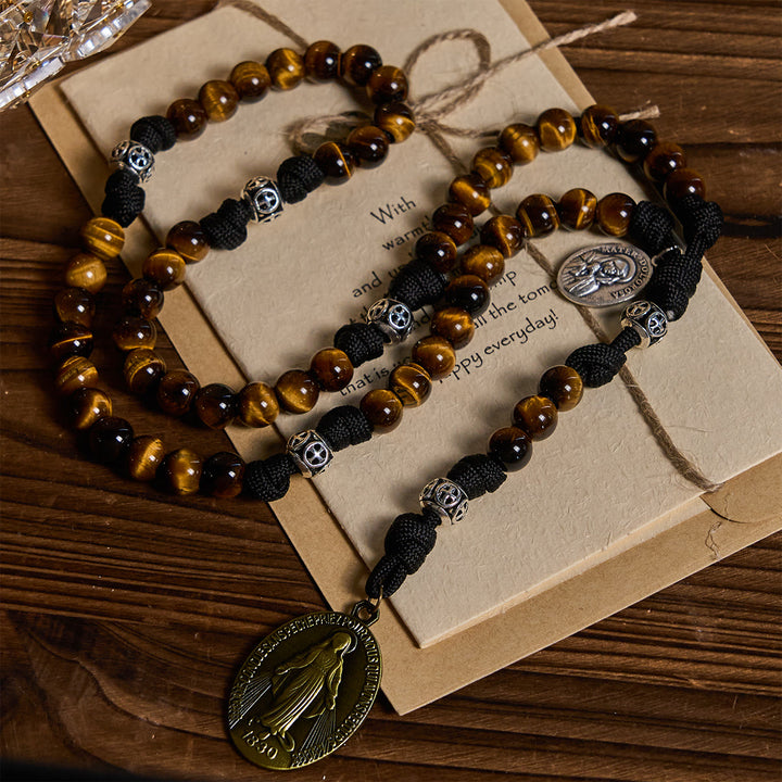 Christianartworkshop Chapelet en paracorde centré sur Notre-Dame : Perles œil de tigre et médaille intemporelle - image 1