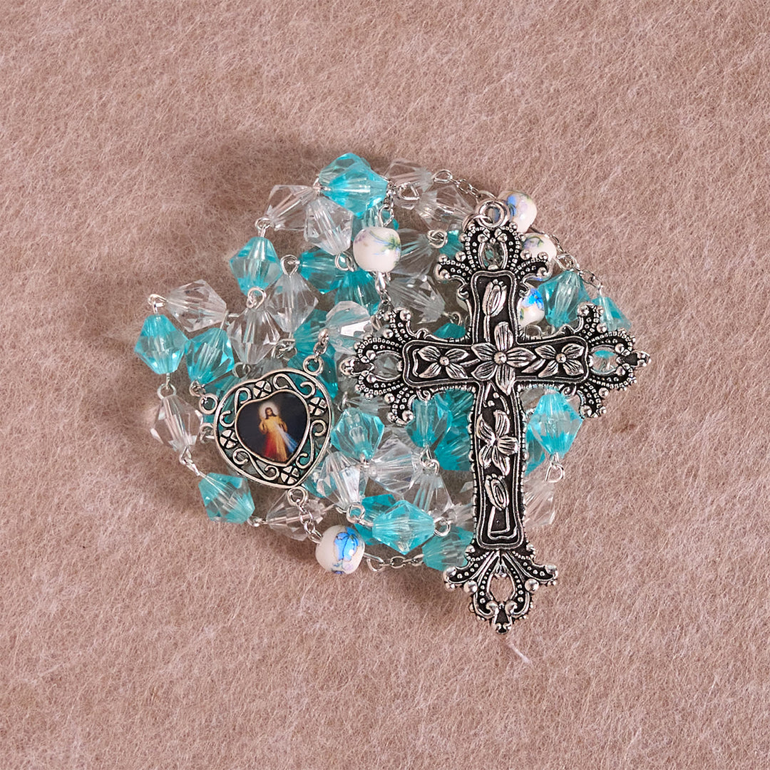 Christianartworkshop Chapelet de dévotion bleu turquoise et blanc béni avec breloque en forme de cœur de Notre-Dame : Unissons lumière et foi - image 3