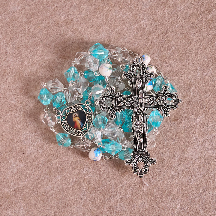 Christianartworkshop Chapelet de dévotion bleu turquoise et blanc béni avec breloque en forme de cœur de Notre-Dame : Unissons lumière et foi - image 3