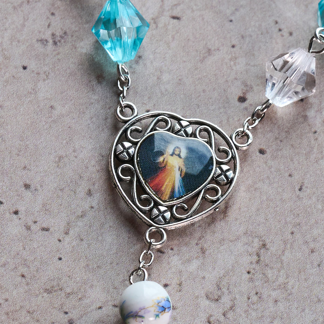 Christianartworkshop Chapelet de dévotion bleu turquoise et blanc béni avec breloque en forme de cœur de Notre-Dame : Unissons lumière et foi - image 8