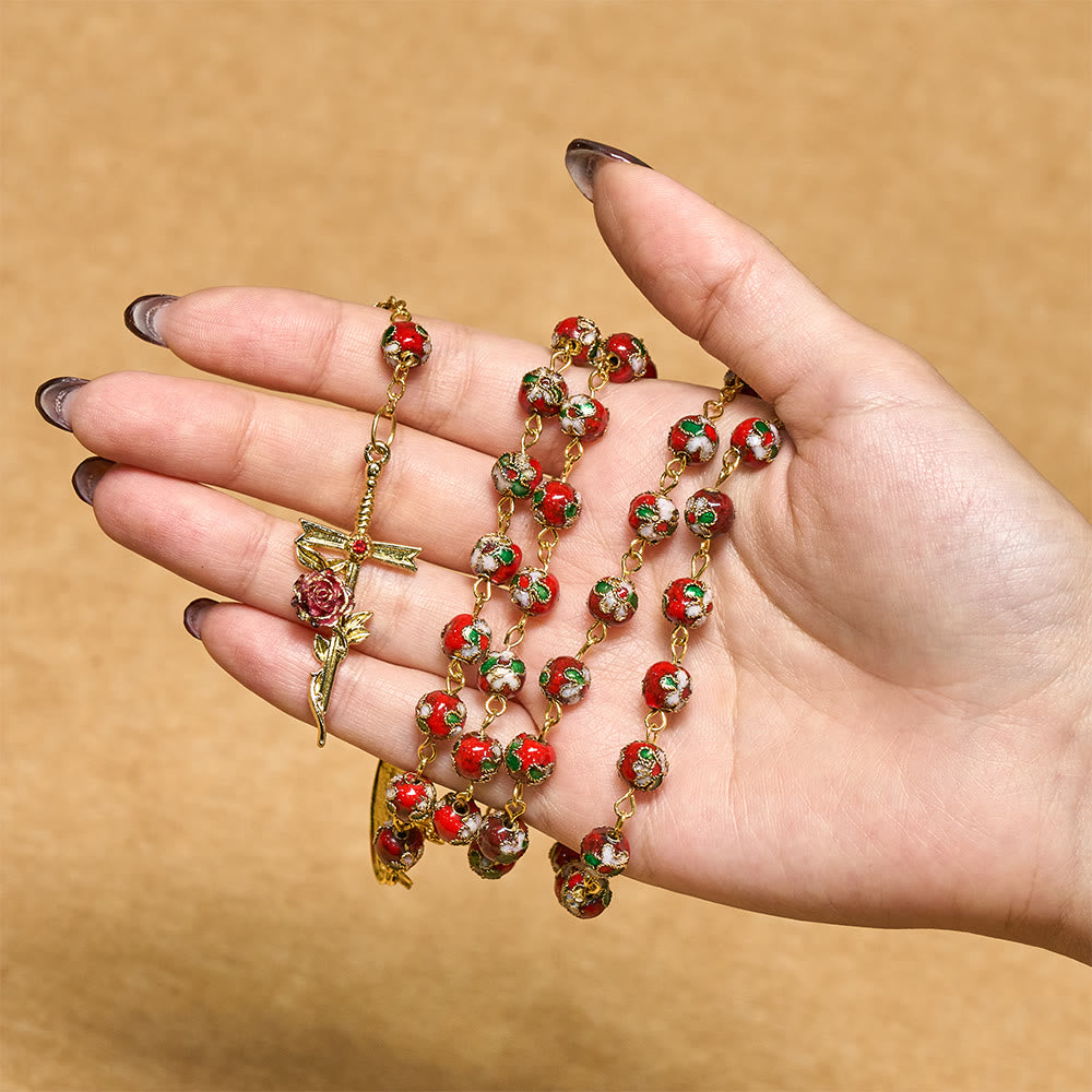 Christianartworkshop Chapelet de dévotion vintage en émail : perles rouges et vertes et breloque dorée en forme de cœur de Notre-Dame - image 1