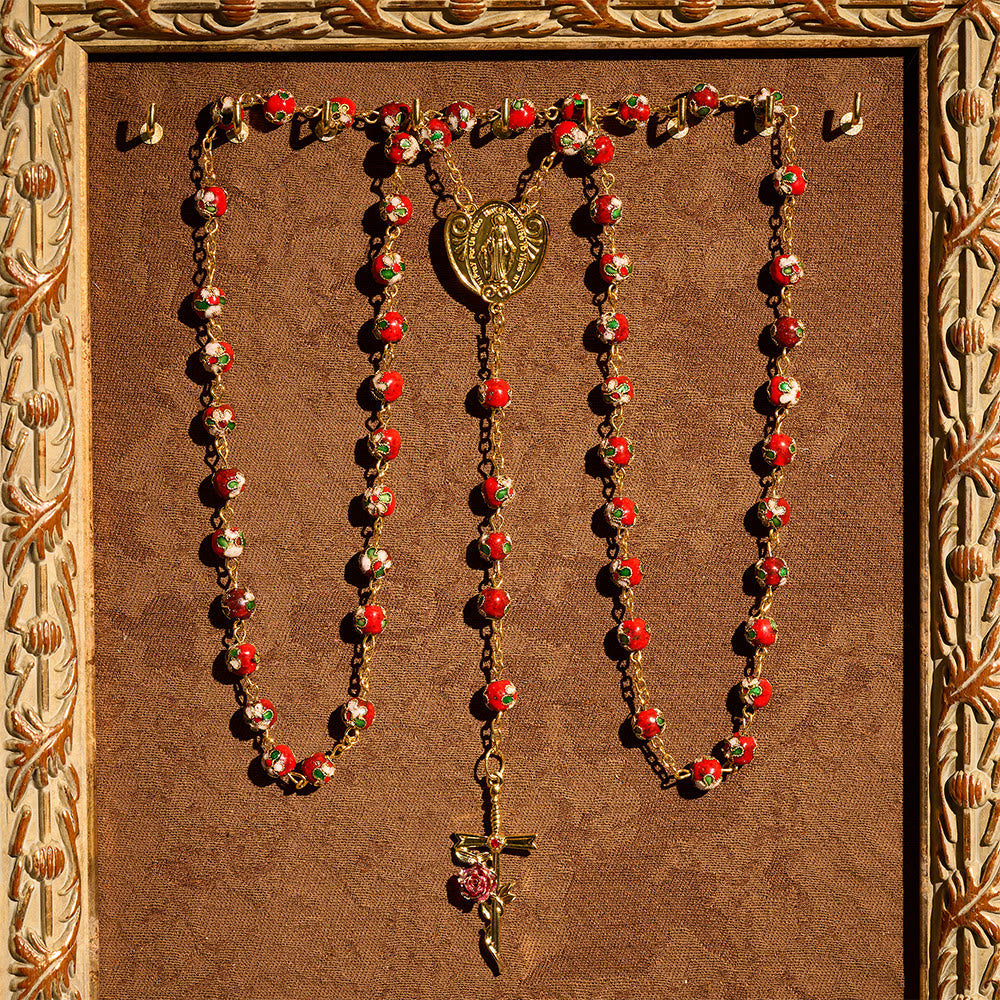Christianartworkshop Chapelet de dévotion vintage en émail : perles rouges et vertes et breloque dorée en forme de cœur de Notre-Dame - Chapelet de dévotion en émail - image 0