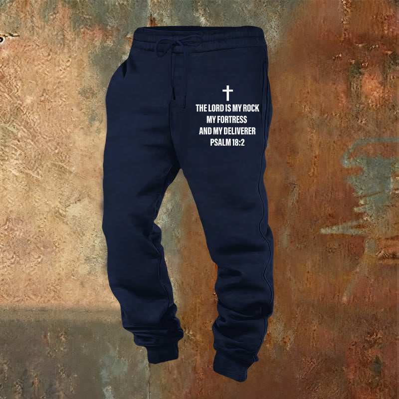 Atelier d'art chrétien - Pantalon de survêtement Psaume 18:2 avec croix : À porter au quotidien avec une foi inébranlable - Bleu marine - 2XL - image 0