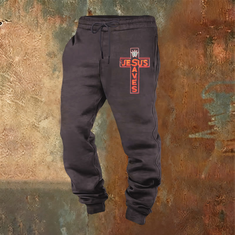 Atelier d'art chrétien - Croix et pantalon de survêtement « Jésus sauve » : un vêtement du quotidien lié à sa promesse - Gris foncé - 2XL - image 4