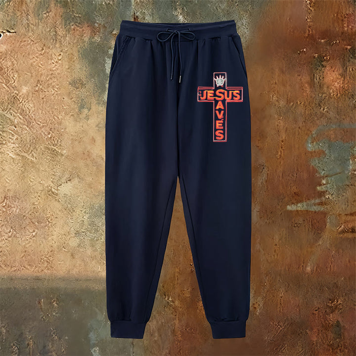 Atelier d'art chrétien - Croix et pantalon de survêtement « Jésus sauve » : un vêtement du quotidien lié à sa promesse - image 2