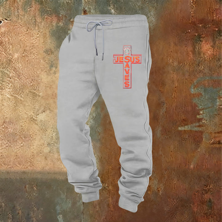 Atelier d'art chrétien - Croix et pantalon de survêtement « Jésus sauve » : un vêtement du quotidien lié à sa promesse - Gris clair - 2XL - image 8