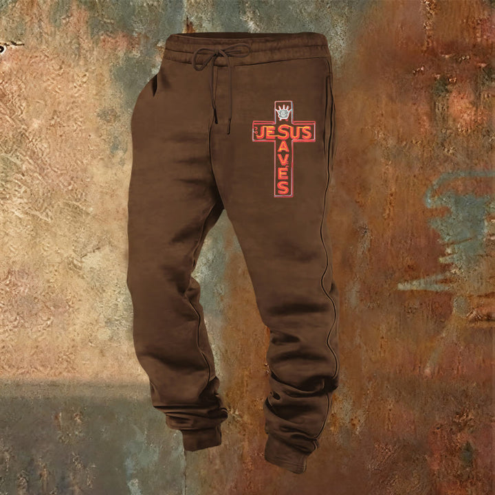 Atelier d'art chrétien - Croix et pantalon de survêtement « Jésus sauve » : un vêtement du quotidien lié à sa promesse - Brun - 2XL - image 12