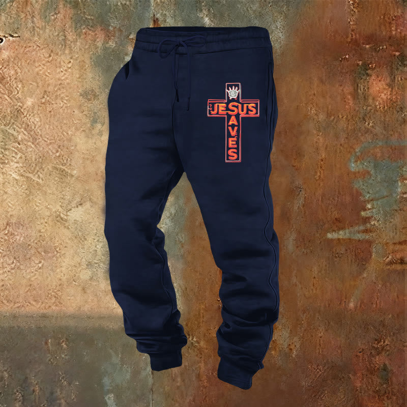 Atelier d'art chrétien - Croix et pantalon de survêtement « Jésus sauve » : un vêtement du quotidien lié à sa promesse - Bleu marine - 2XL - image 0