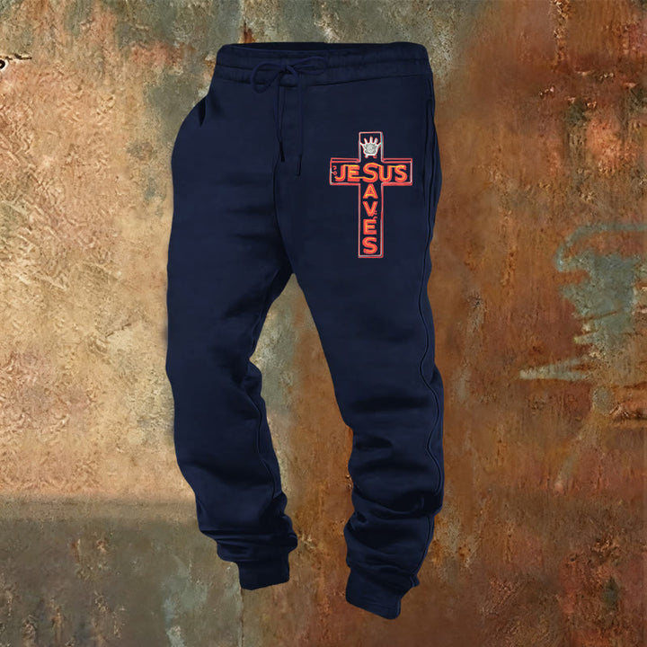 Atelier d'art chrétien - Croix et pantalon de survêtement « Jésus sauve » : un vêtement du quotidien lié à sa promesse - Bleu marine - 2XL - image 0