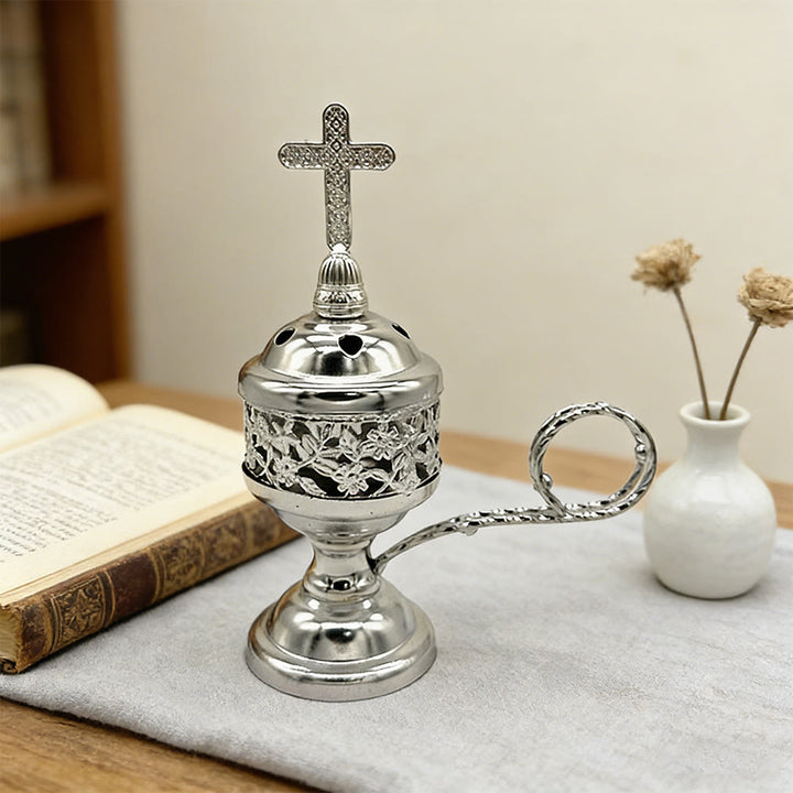 Christianartworkshop Brûleur d'encens en métal orné d'une croix : un doux rappel de moments paisibles - Argent - image 4