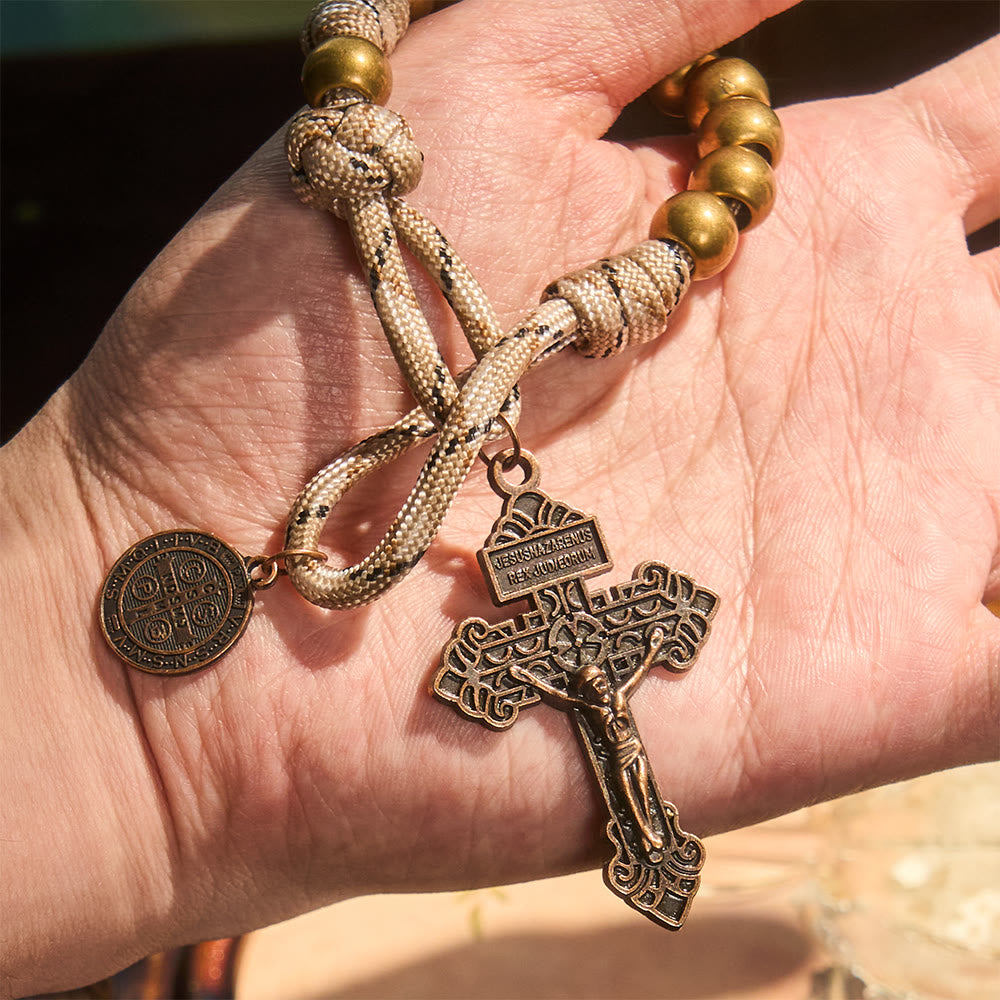 Christianartworkshop Chapelet de poche rustique en bronze avec croix et croix de saint Benoît en cuivre - image 1