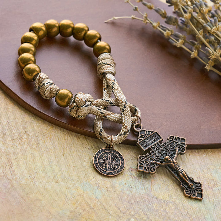 Christianartworkshop Chapelet de poche rustique en bronze avec croix et croix de saint Benoît en cuivre - Chapelet de poche - image 0