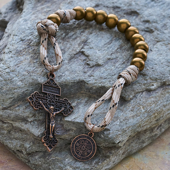 Christianartworkshop Chapelet de poche rustique en bronze avec croix et croix de saint Benoît en cuivre - image 2