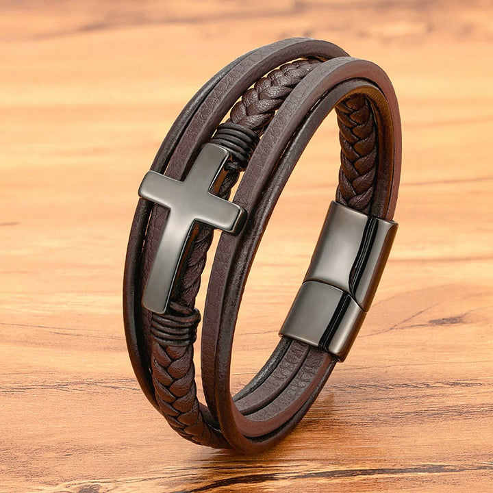 Bracelet en cuir tressé avec croix de Christianartworkshop : Une grâce constante pour vos poignets au quotidien - Croix brune et noire - 9,1''/23 cm - image 10