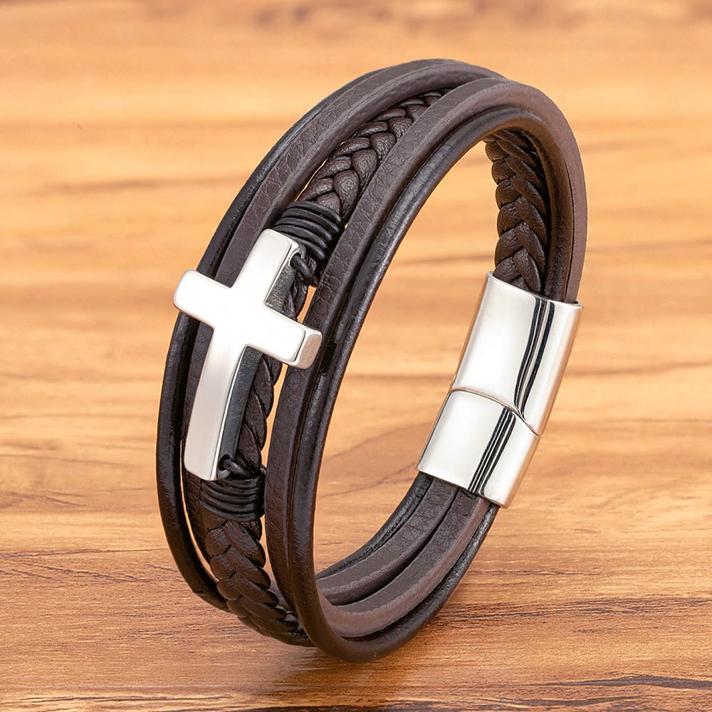 Bracelet en cuir tressé avec croix de Christianartworkshop : Une grâce constante pour vos poignets au quotidien - Croix brune et argentée - 9,1''/23 cm - image 9