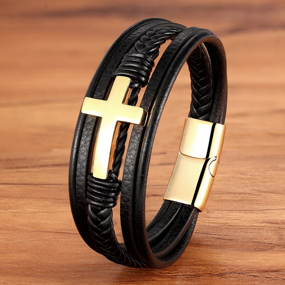 Bracelet en cuir tressé avec croix de Christianartworkshop : Une grâce constante pour vos poignets au quotidien - Croix Noire et Dorée - 9,1''/23 cm - image 0