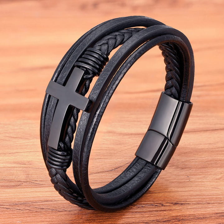 Bracelet en cuir tressé avec croix de Christianartworkshop : Une grâce constante pour vos poignets au quotidien - Croix noire et noire - 9,1''/23 cm - image 3
