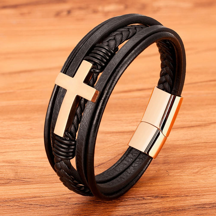 Bracelet en cuir tressé avec croix de Christianartworkshop : Une grâce constante pour vos poignets au quotidien - Croix noire et or rose - 9,1''/23 cm - image 5