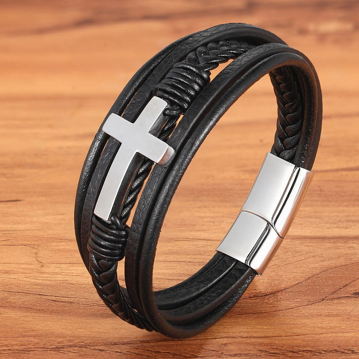 Bracelet en cuir tressé avec croix de Christianartworkshop : Une grâce constante pour vos poignets au quotidien - Croix noire et argentée - 9,1''/23 cm - image 2