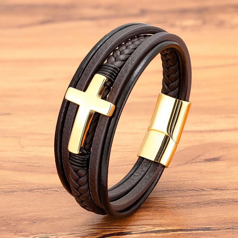 Bracelet en cuir tressé avec croix de Christianartworkshop : Une grâce constante pour vos poignets au quotidien - Croix brune et dorée - 9,1''/23 cm - image 7