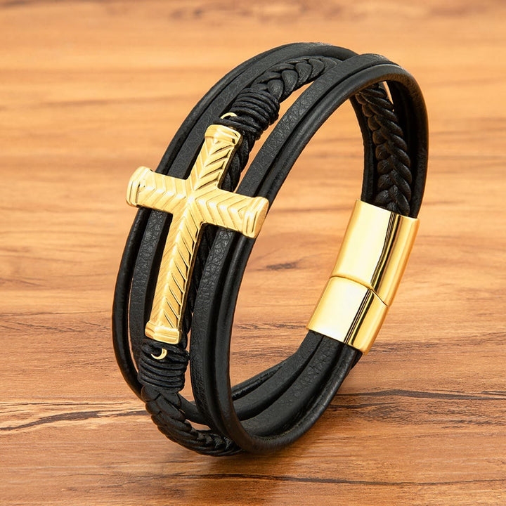 Bracelet en cuir croix trois styles Christianartworkshop : La foi personnalisée dans chaque brin - Doré - 9,1''/23 cm - image 3