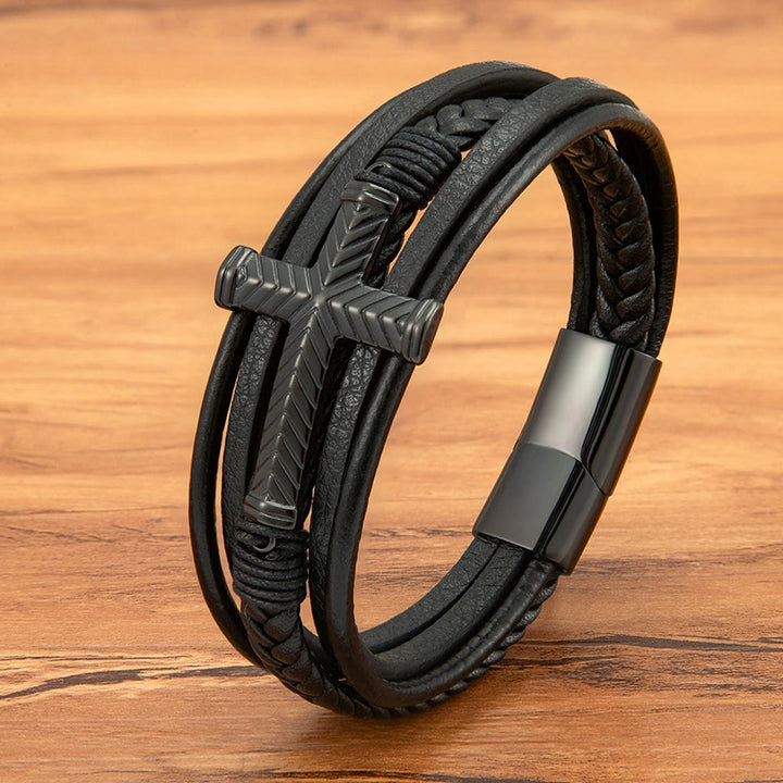 Bracelet en cuir croix trois styles Christianartworkshop : La foi personnalisée dans chaque brin - Noir - 9,1''/23 cm - image 0