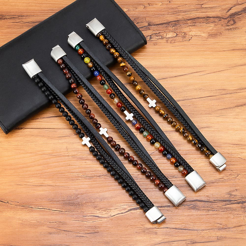 Bracelet croix superposé Christianartworkshop avec perle en œil de tigre : Dévotion silencieuse dans une texture riche - image 1