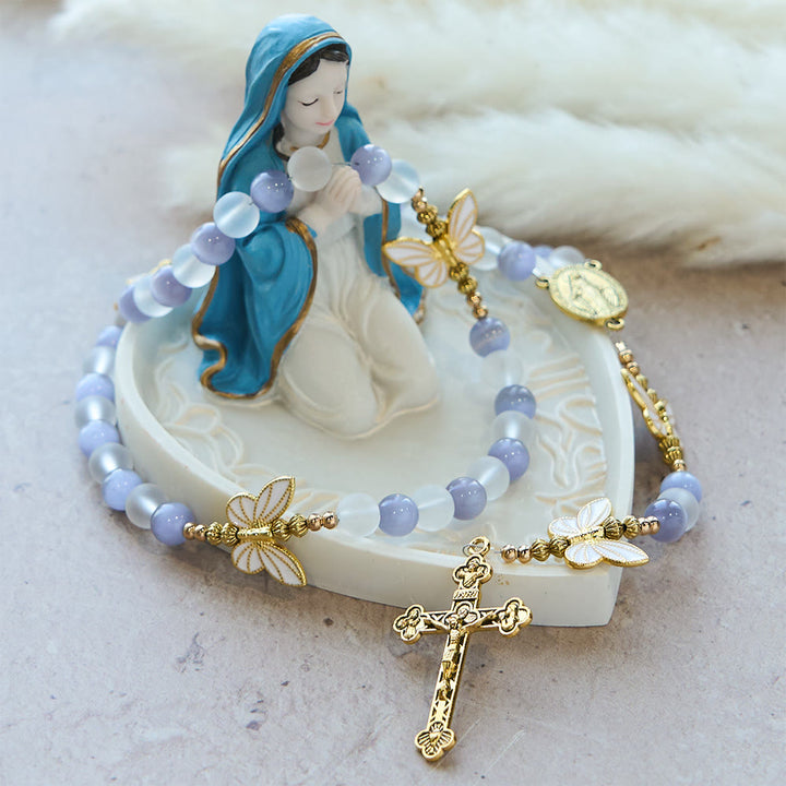 Christianartworkshop Chapelet béni en verre mat œil de chat violet/rose et papillon : Incarnez l'amour et la grâce sacrés - image 10