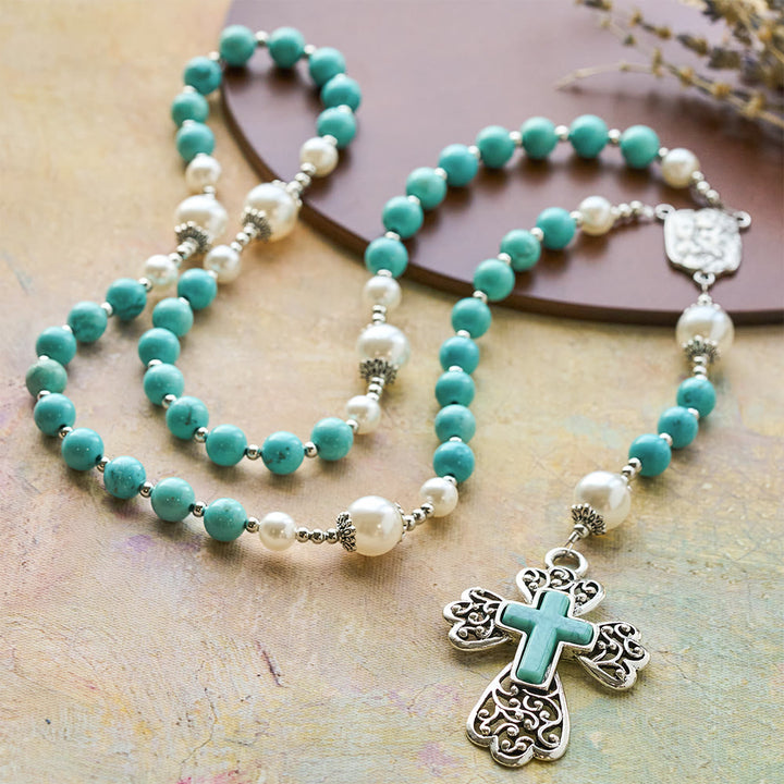 Christianartworkshop Chapelet crucifix en perles turquoise orné d'une représentation de la Sainte Famille : un rappel constant de sa grâce - image 2