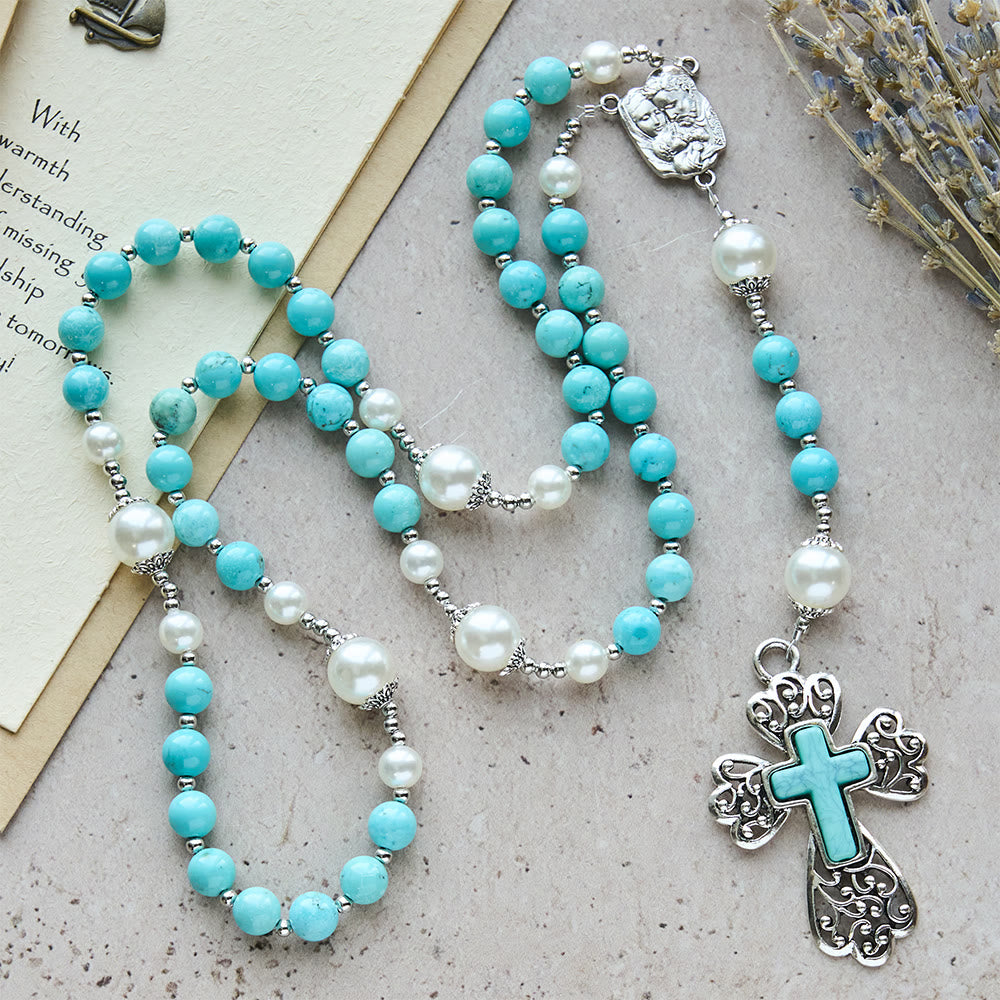 Christianartworkshop Chapelet crucifix en perles turquoise orné d'une représentation de la Sainte Famille : un rappel constant de sa grâce - image 5