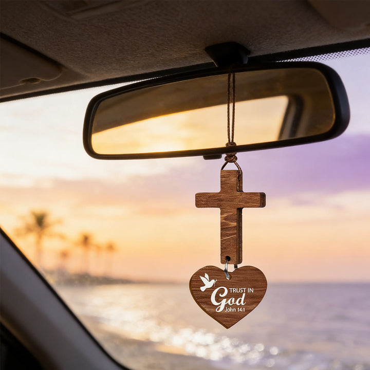 Christianartworkshop Pendentif de voiture Croix et Verset : Une paix intérieure pour chaque voyage - Jean 14:1 - image 0