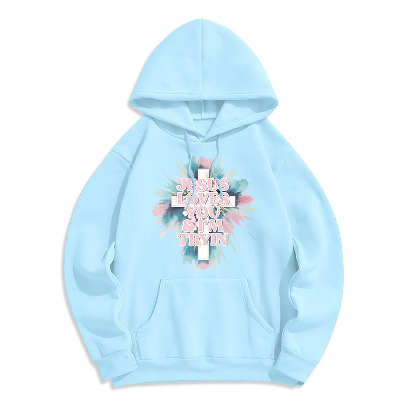 Christianartworkshop Sweat à capuche en polyester doublé polaire « Jésus t’aime, j’essaie encore » - Bleu - 2XL - image 4