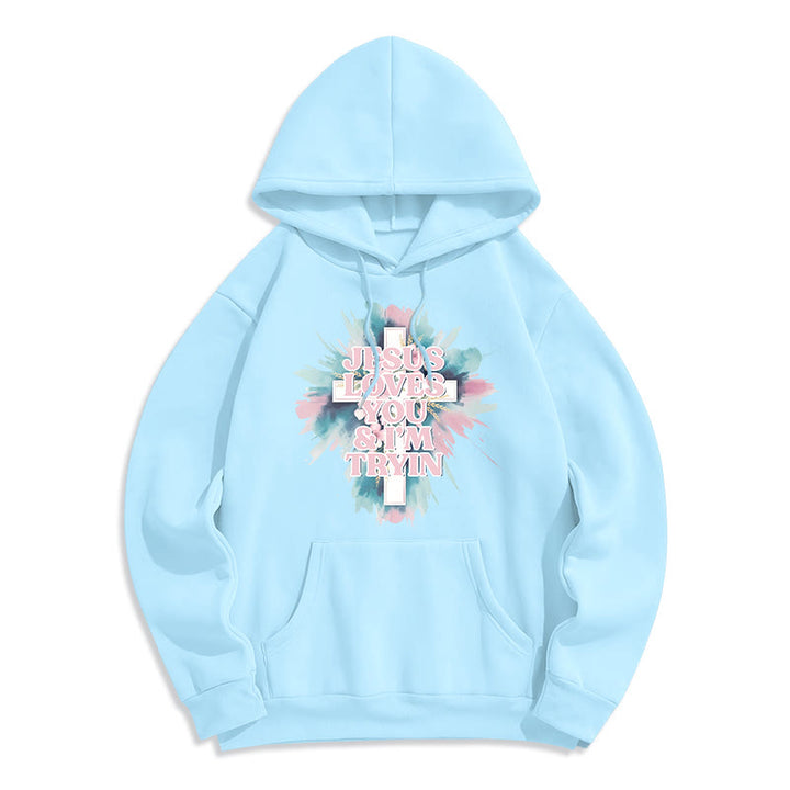Christianartworkshop Sweat à capuche en polyester doublé polaire « Jésus t’aime, j’essaie encore » - Bleu - 2XL - image 4