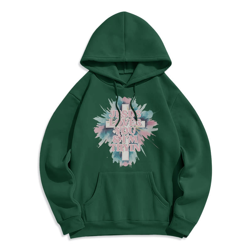 Christianartworkshop Sweat à capuche en polyester doublé polaire « Jésus t’aime, j’essaie encore » - Vert - 2XL - image 6