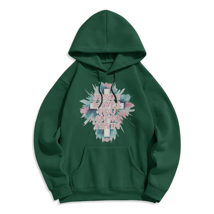 Christianartworkshop Sweat à capuche en polyester doublé polaire « Jésus t’aime, j’essaie encore » - Vert - 2XL - image 6