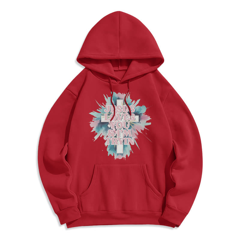 Christianartworkshop Sweat à capuche en polyester doublé polaire « Jésus t’aime, j’essaie encore » - Rouge - 2XL - image 3