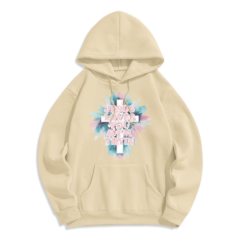Christianartworkshop Sweat à capuche en polyester doublé polaire « Jésus t’aime, j’essaie encore » - Beige - 2XL - image 5
