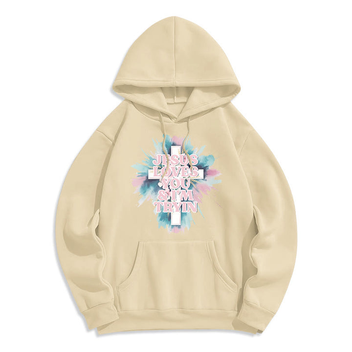 Christianartworkshop Sweat à capuche en polyester doublé polaire « Jésus t’aime, j’essaie encore » - Beige - 2XL - image 5