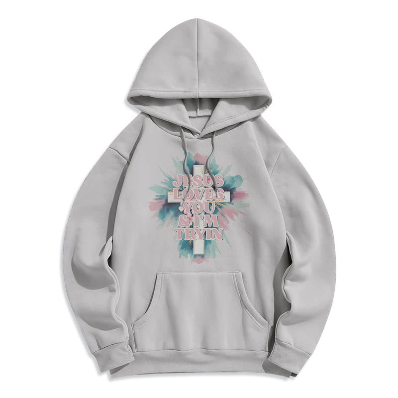 Christianartworkshop Sweat à capuche en polyester doublé polaire « Jésus t’aime, j’essaie encore » - Gris - 2XL - image 2