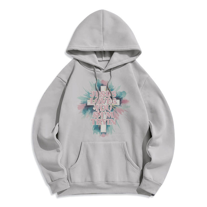 Christianartworkshop Sweat à capuche en polyester doublé polaire « Jésus t’aime, j’essaie encore » - Gris - 2XL - image 2