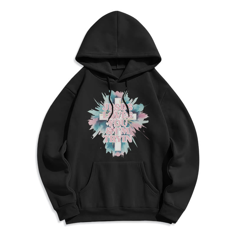 Christianartworkshop Sweat à capuche en polyester doublé polaire « Jésus t’aime, j’essaie encore » - Noir - 2XL - image 8