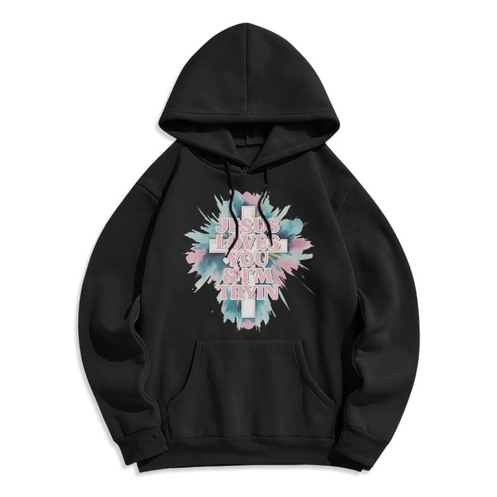 Christianartworkshop Sweat à capuche en polyester doublé polaire « Jésus t’aime, j’essaie encore » - Noir - 2XL - image 8