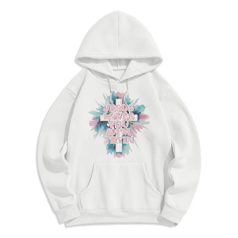 Christianartworkshop Sweat à capuche en polyester doublé polaire « Jésus t’aime, j’essaie encore » - Blanc - 2XL - image 0